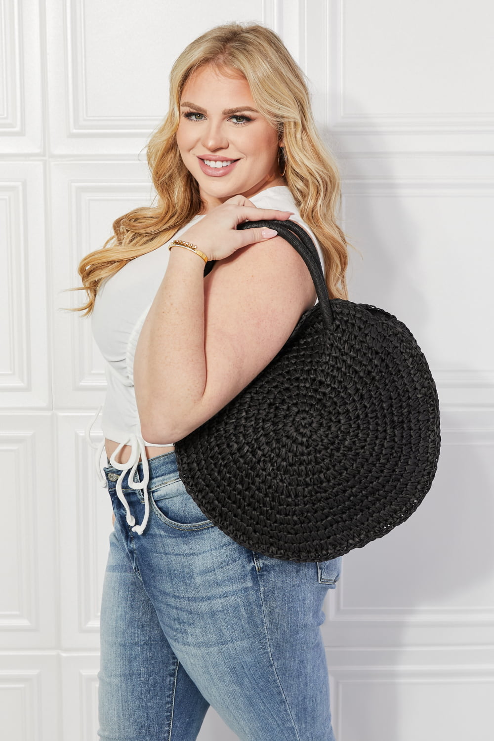Justin Taylor Beach Date Straw Rattan Handbag in Black-Stay Foxy Boutique, Florissant, Missouri