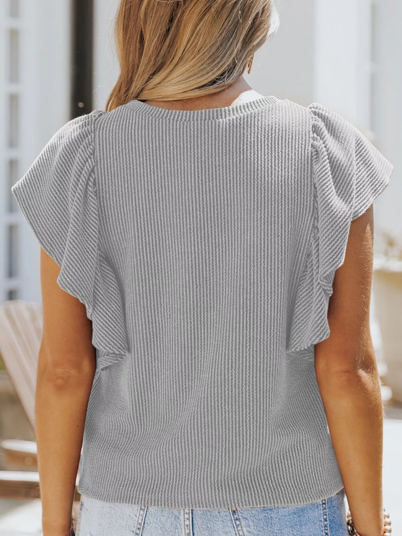 Full Size Ruffled Sleeve Ribbed Knit T-Shirt Plus Size-Stay Foxy Boutique, Florissant, Missouri