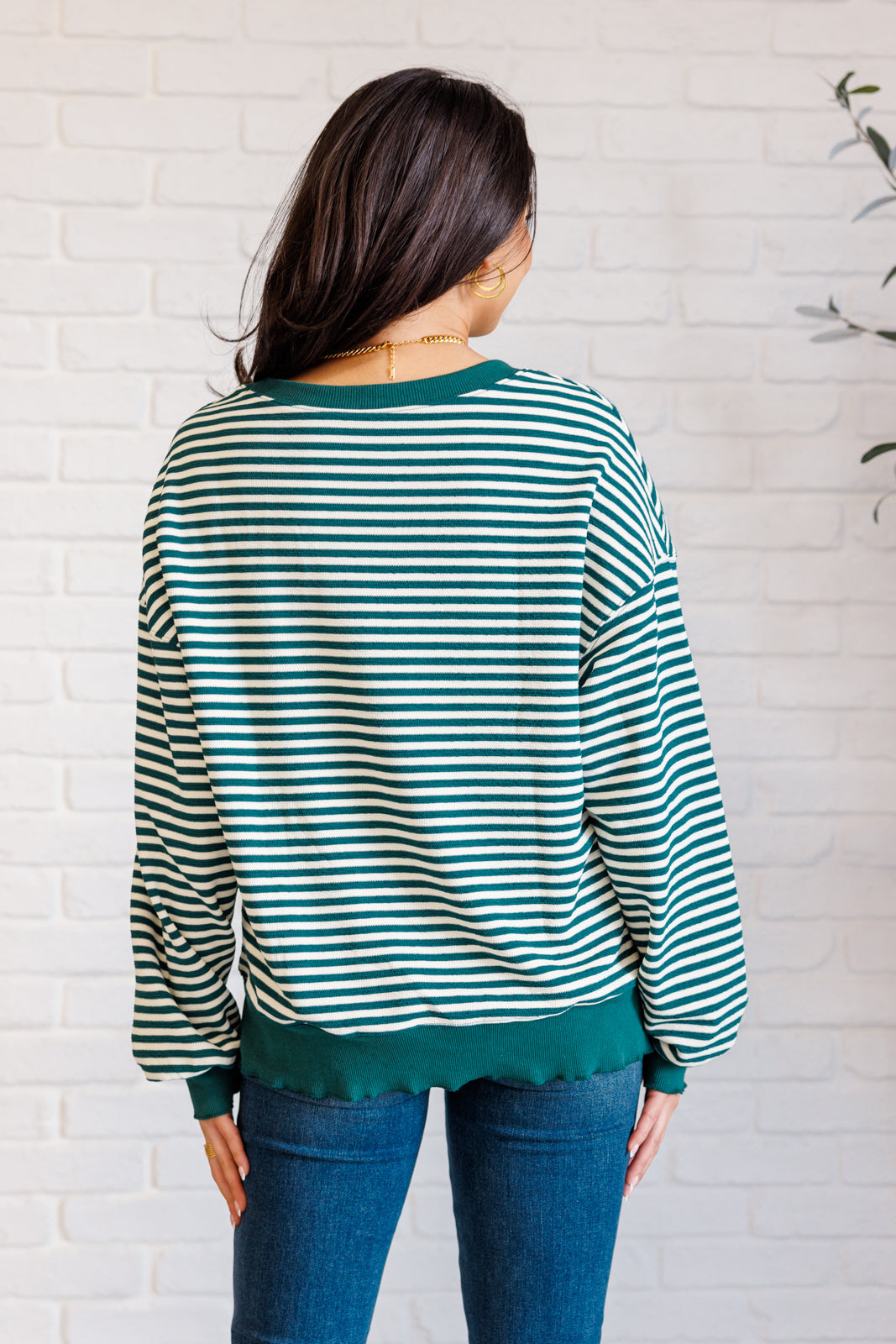 Too Good to be True Striped Drop Shoulder Top in Green-Tops-Stay Foxy Boutique, Florissant, Missouri