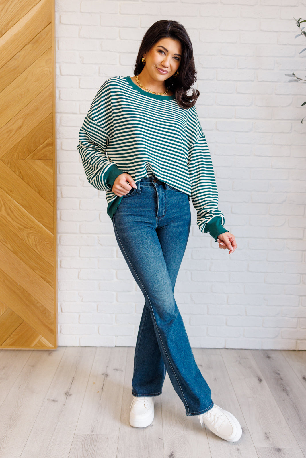 Too Good to be True Striped Drop Shoulder Top in Green-Tops-Stay Foxy Boutique, Florissant, Missouri