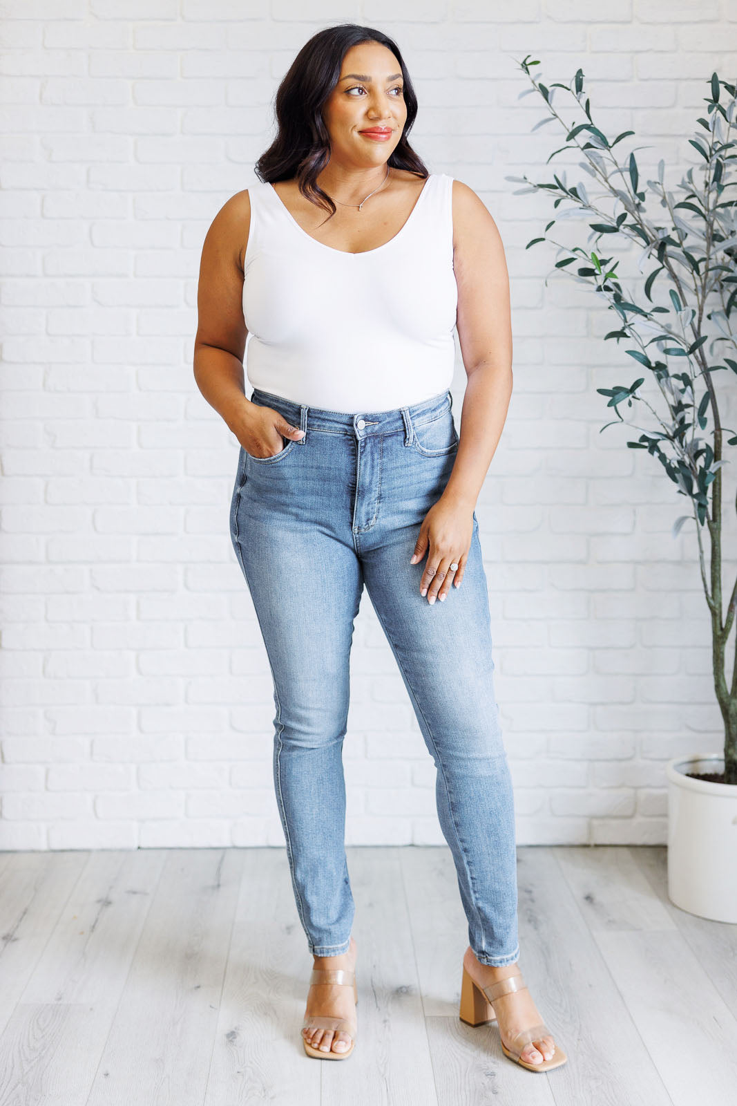 Justine High Rise Control Top Contrast Wash Skinny Jeans-Womens-Stay Foxy Boutique, Florissant, Missouri