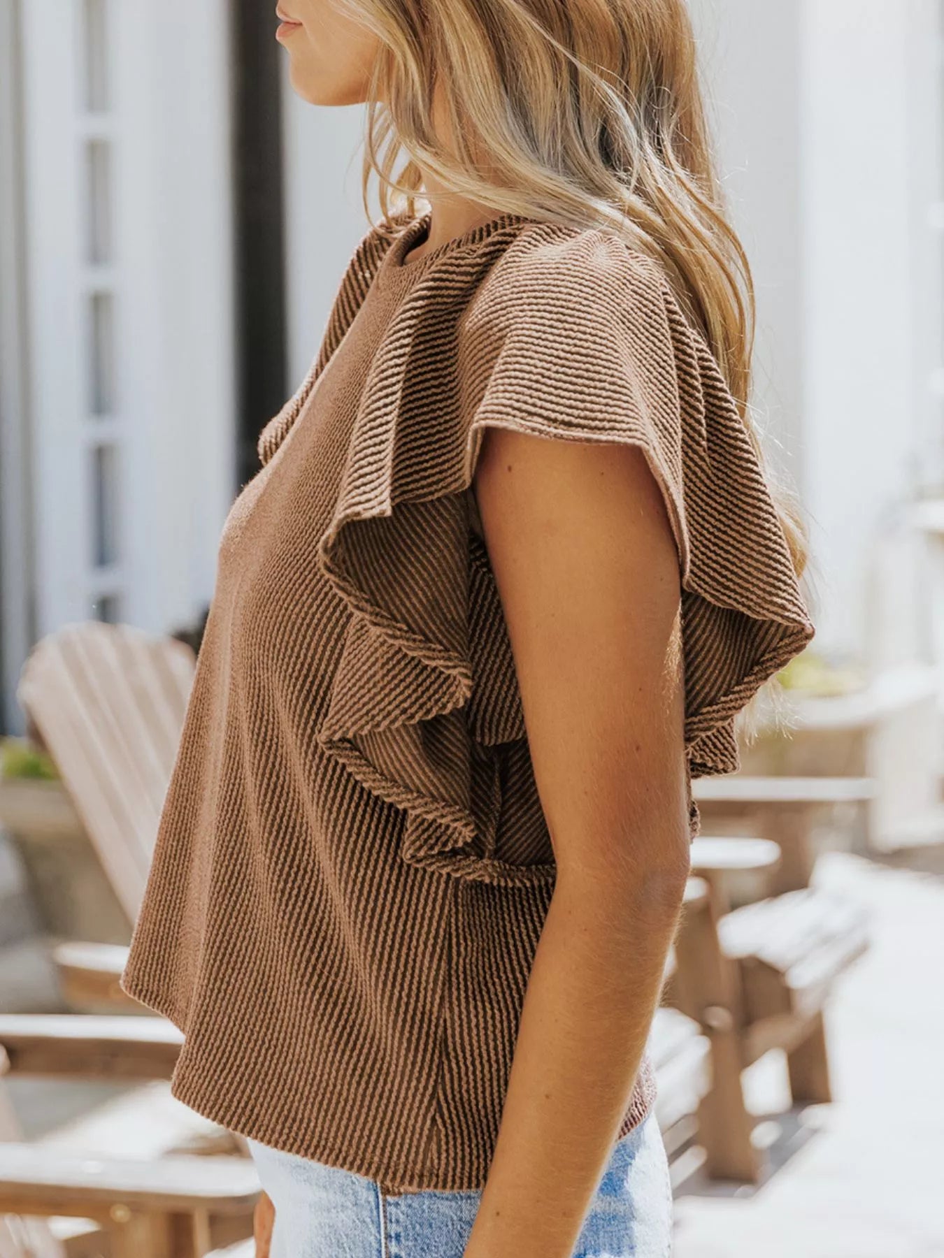 Full Size Ruffled Sleeve Ribbed Knit T-Shirt Plus Size-Stay Foxy Boutique, Florissant, Missouri