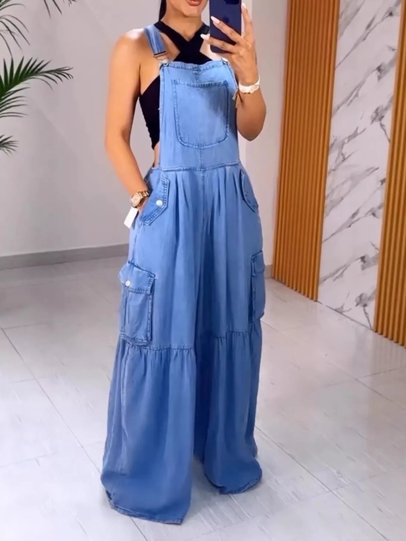 Full Size Pocketed Wide Leg Denim Overalls Plus Size-Stay Foxy Boutique, Florissant, Missouri