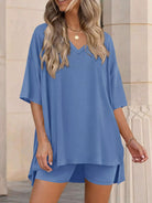 Full Size Casual Loose V-Neck T-Shirt & Shorts Set Plus Size-Stay Foxy Boutique, Florissant, Missouri