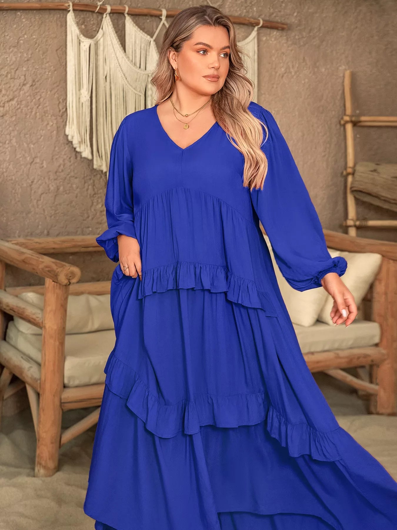 Plus Size Balloon Sleeve Ruffle Tiered Flowy Dress-Stay Foxy Boutique, Florissant, Missouri