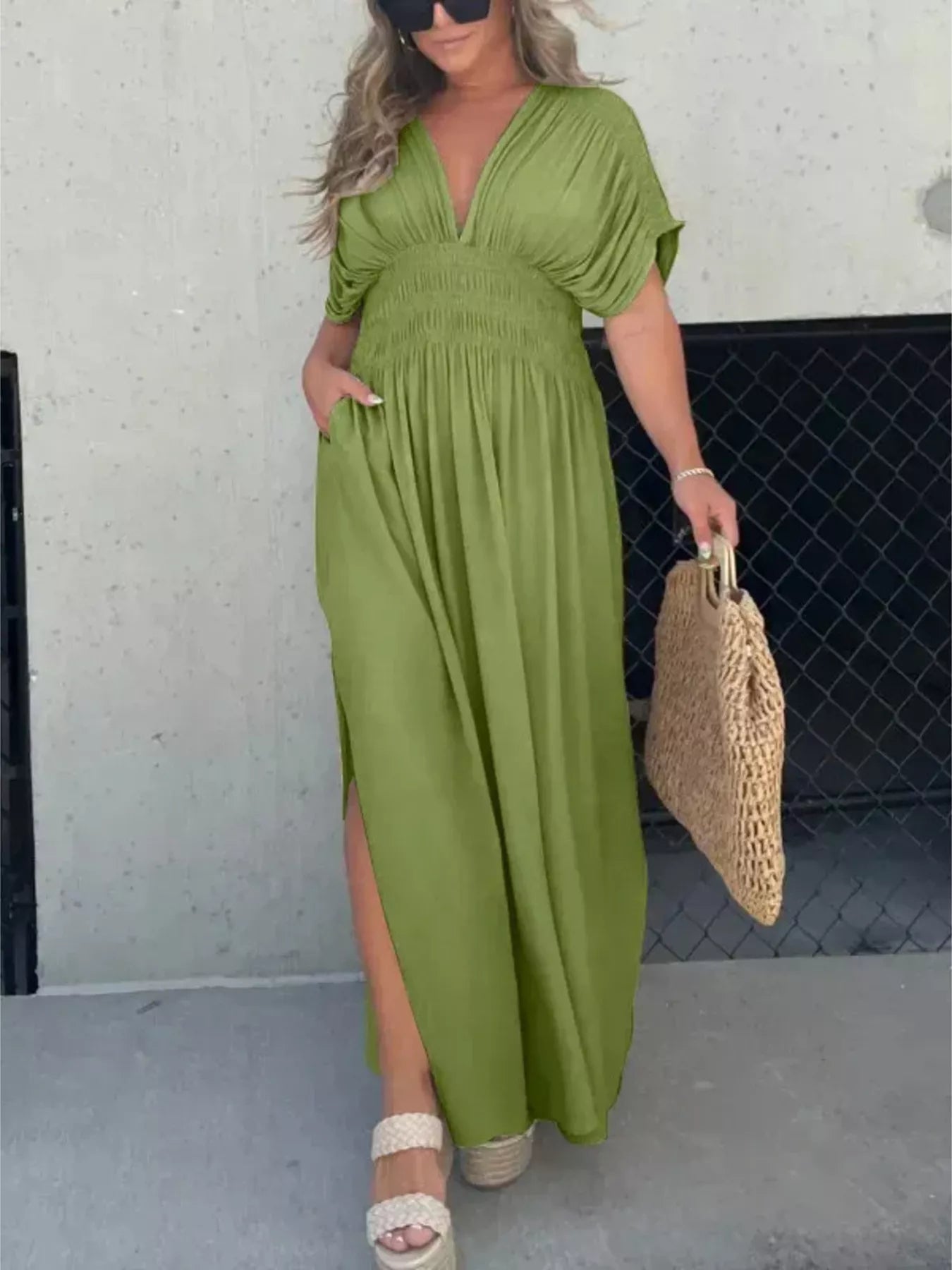 Full Size Slit V-Neck Smocked Waist Maxi Dress Plus Size-Stay Foxy Boutique, Florissant, Missouri
