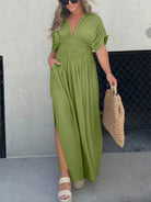 Full Size Slit V-Neck Smocked Waist Maxi Dress Plus Size-Stay Foxy Boutique, Florissant, Missouri