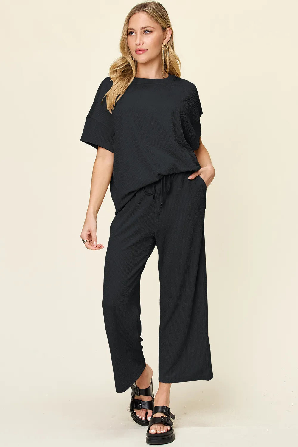 Double Take Full Size Texture Round Neck Short Sleeve T-Shirt and Wide Leg Pants-Stay Foxy Boutique, Florissant, Missouri