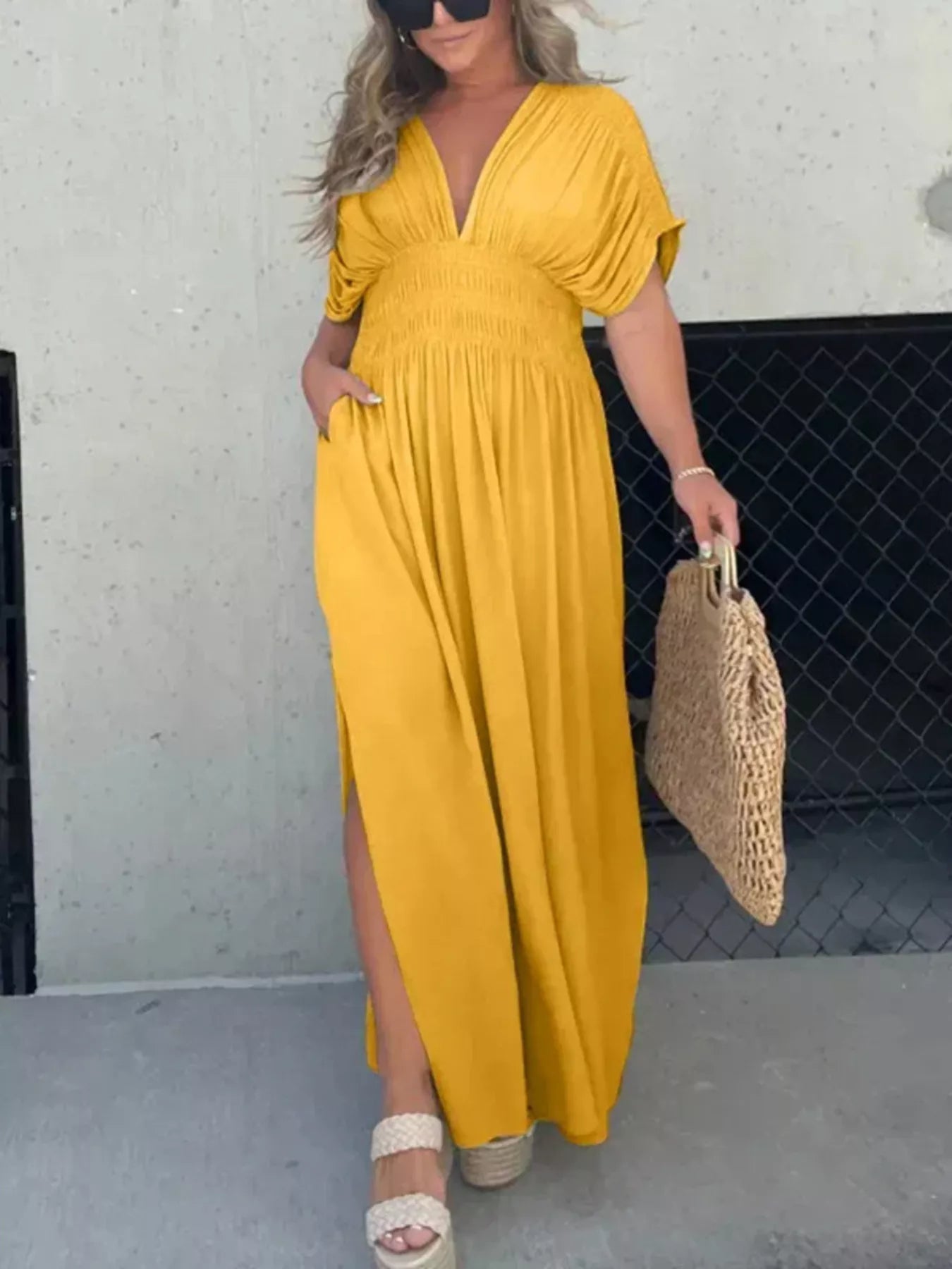 Full Size Slit V-Neck Smocked Waist Maxi Dress Plus Size-Stay Foxy Boutique, Florissant, Missouri