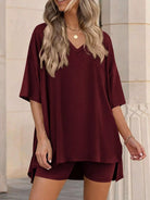 Full Size Casual Loose V-Neck T-Shirt & Shorts Set Plus Size-Stay Foxy Boutique, Florissant, Missouri