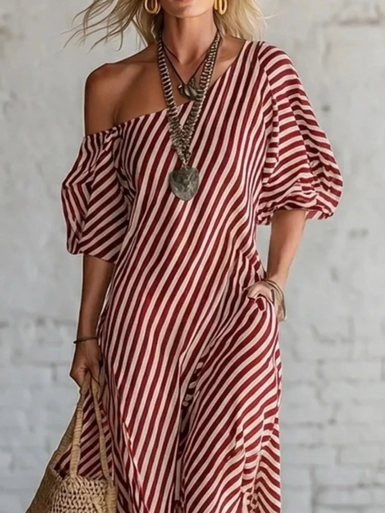 Full Size Striped One-Shoulder Casual Maxi Dress Plus Size-Stay Foxy Boutique, Florissant, Missouri
