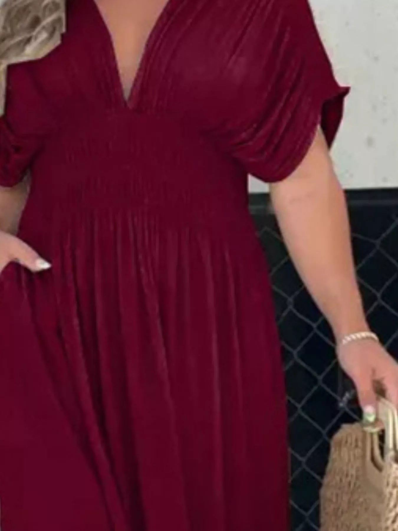 Full Size Slit V-Neck Smocked Waist Maxi Dress Plus Size-Stay Foxy Boutique, Florissant, Missouri