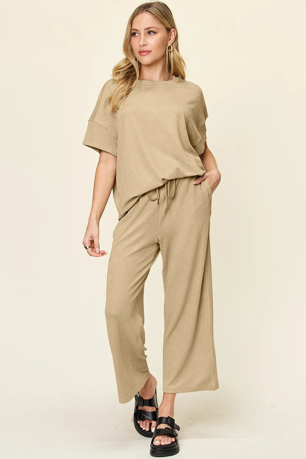 Double Take Full Size Texture Round Neck Short Sleeve T-Shirt and Wide Leg Pants-Stay Foxy Boutique, Florissant, Missouri