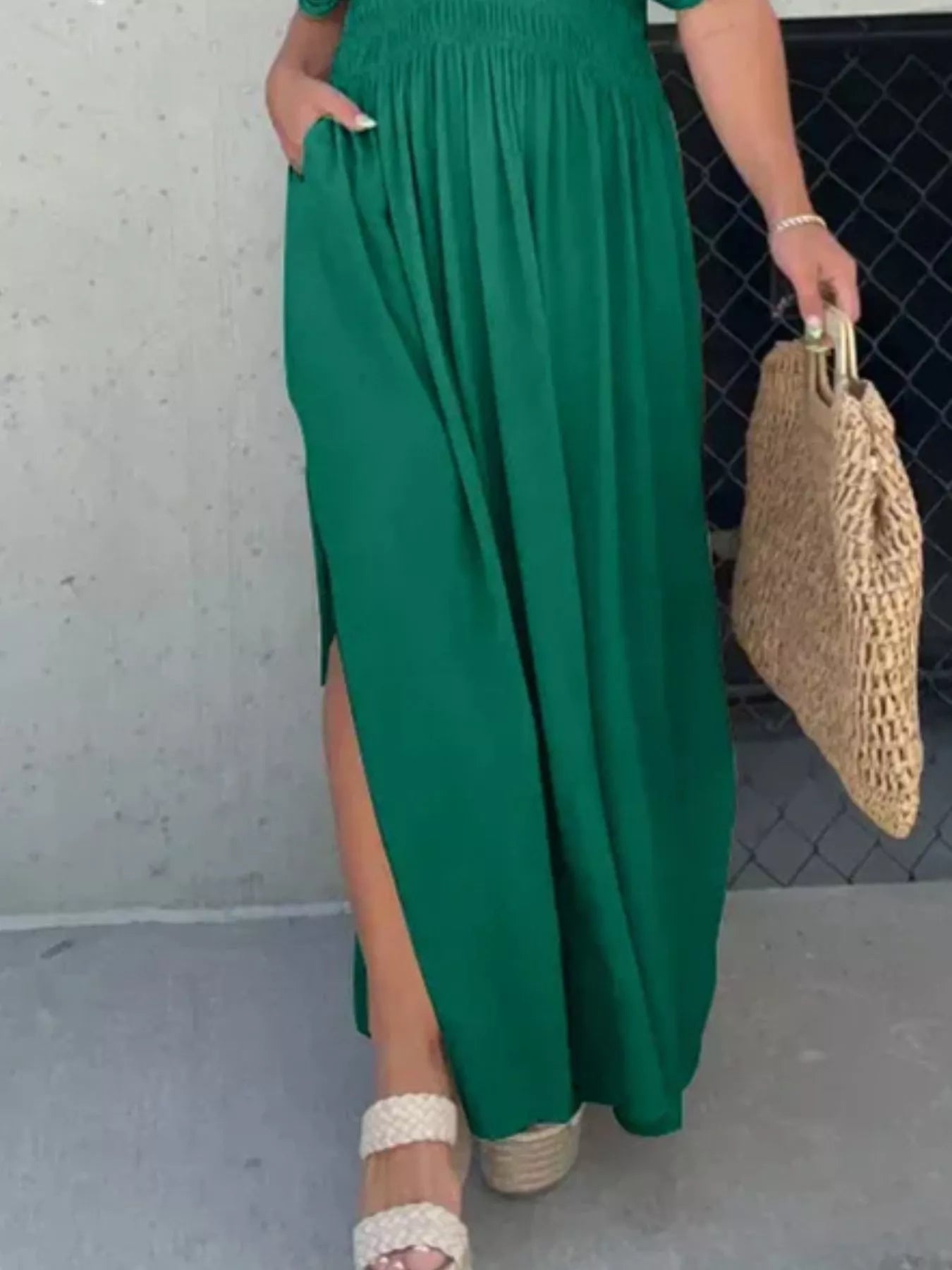 Full Size Slit V-Neck Smocked Waist Maxi Dress Plus Size-Stay Foxy Boutique, Florissant, Missouri