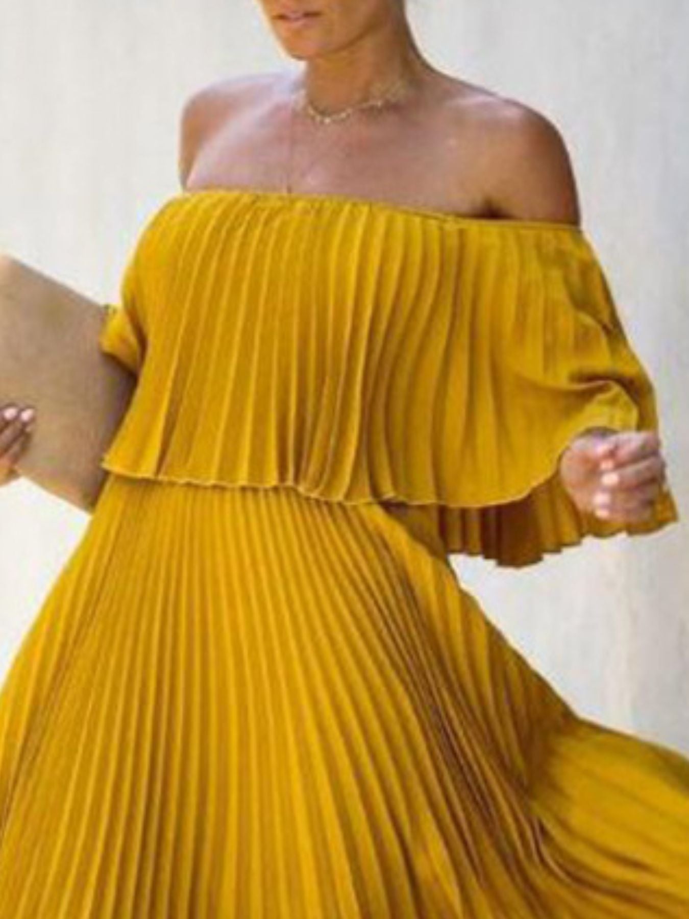 Full Size Off-Shoulder Pleated Maxi Dress Plus Size-Stay Foxy Boutique, Florissant, Missouri