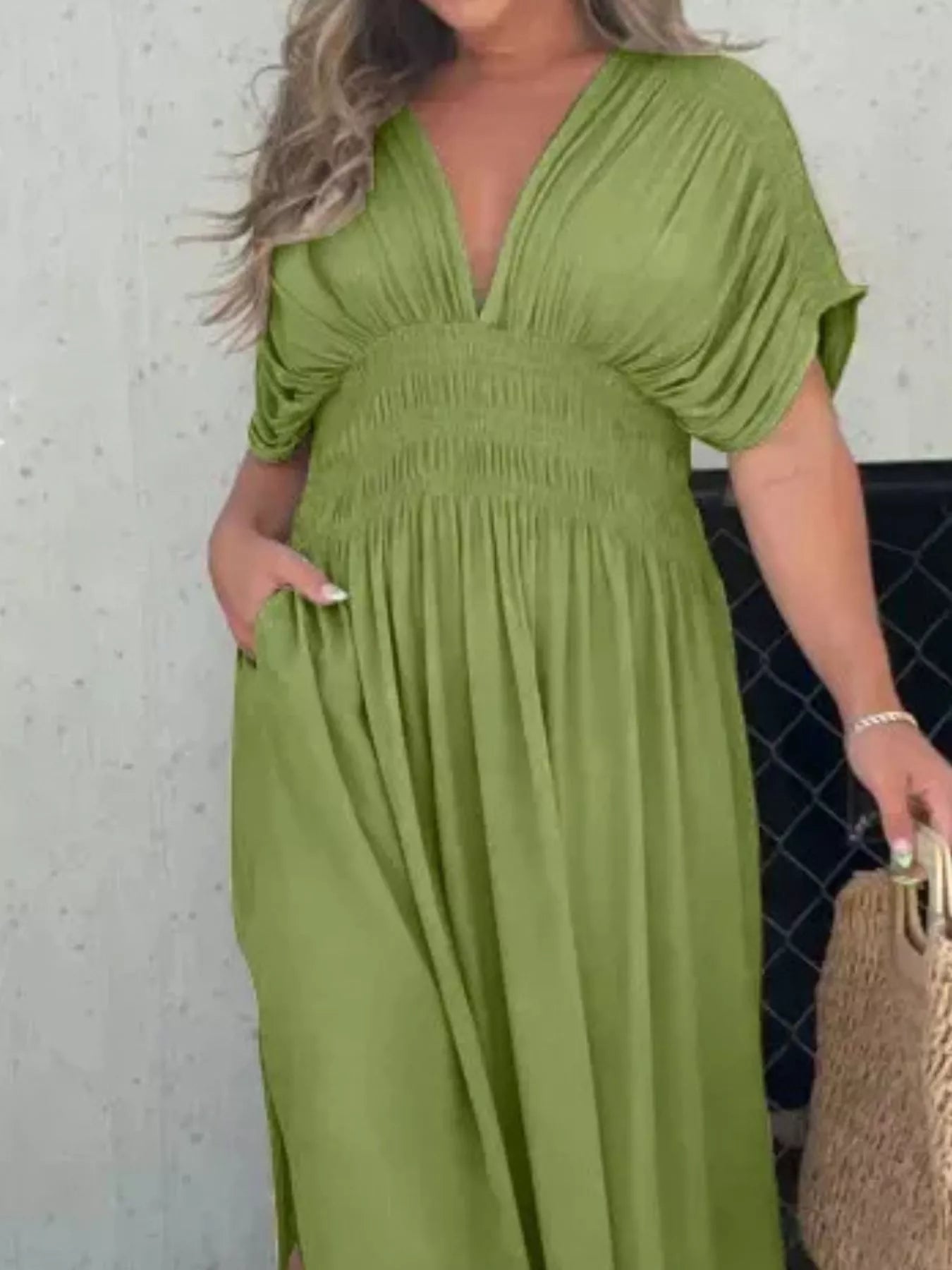 Full Size Slit V-Neck Smocked Waist Maxi Dress Plus Size-Stay Foxy Boutique, Florissant, Missouri