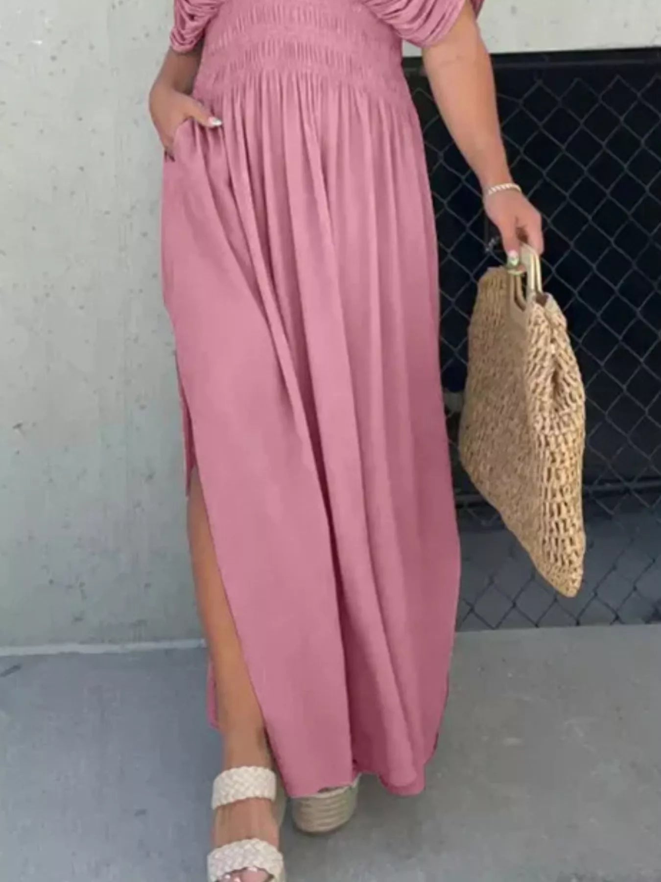 Full Size Slit V-Neck Smocked Waist Maxi Dress Plus Size-Stay Foxy Boutique, Florissant, Missouri