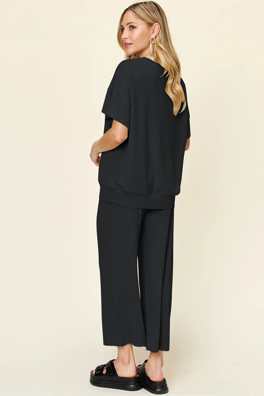 Double Take Full Size Texture Round Neck Short Sleeve T-Shirt and Wide Leg Pants-Stay Foxy Boutique, Florissant, Missouri