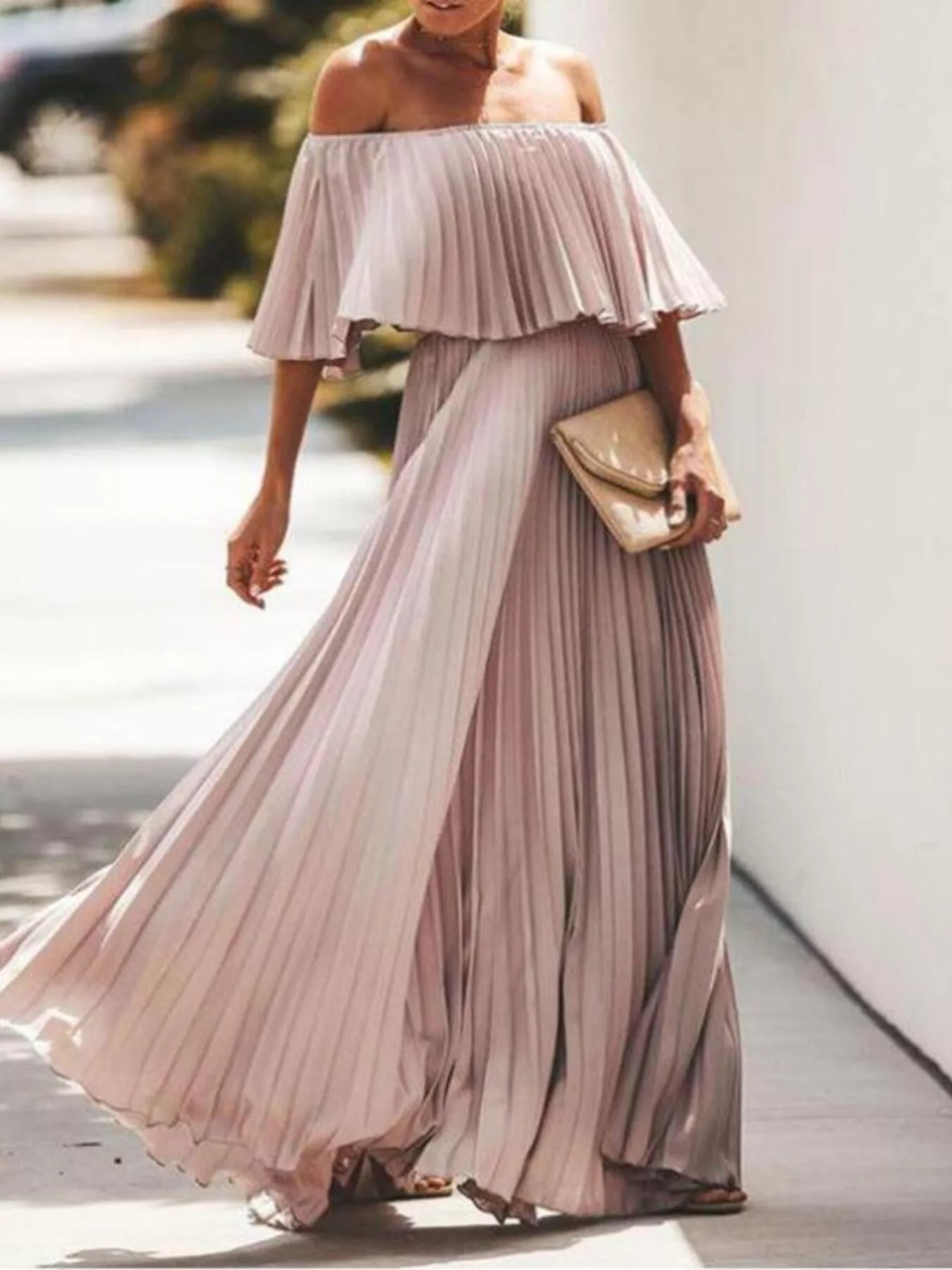 Full Size Off-Shoulder Pleated Maxi Dress Plus Size-Stay Foxy Boutique, Florissant, Missouri