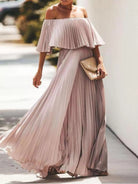 Full Size Off-Shoulder Pleated Maxi Dress Plus Size-Stay Foxy Boutique, Florissant, Missouri
