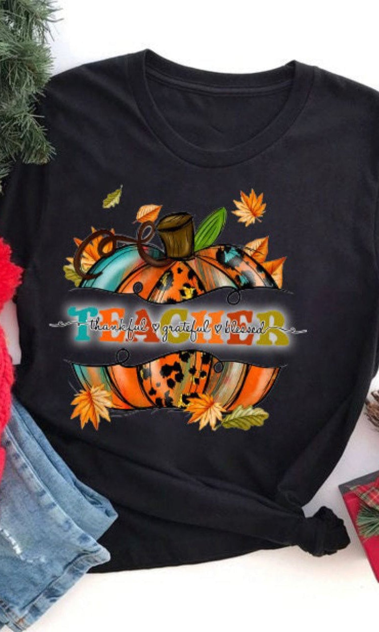 Teacher Pumpkin Thankful Graphic T-Graphic T-Stay Foxy Boutique, Florissant, Missouri