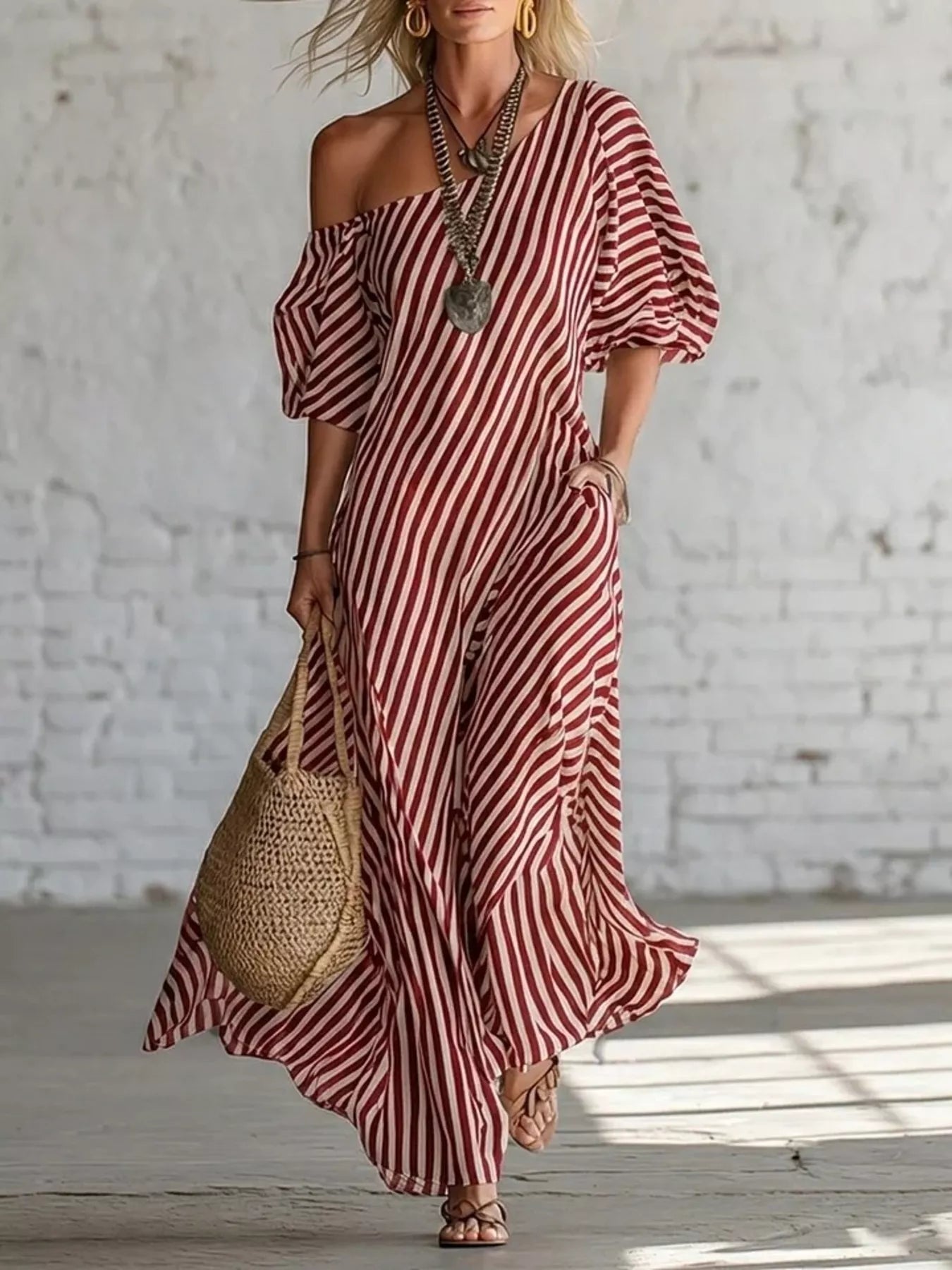Full Size Striped One-Shoulder Casual Maxi Dress Plus Size-Stay Foxy Boutique, Florissant, Missouri