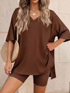 Full Size Casual Loose V-Neck T-Shirt & Shorts Set Plus Size-Stay Foxy Boutique, Florissant, Missouri