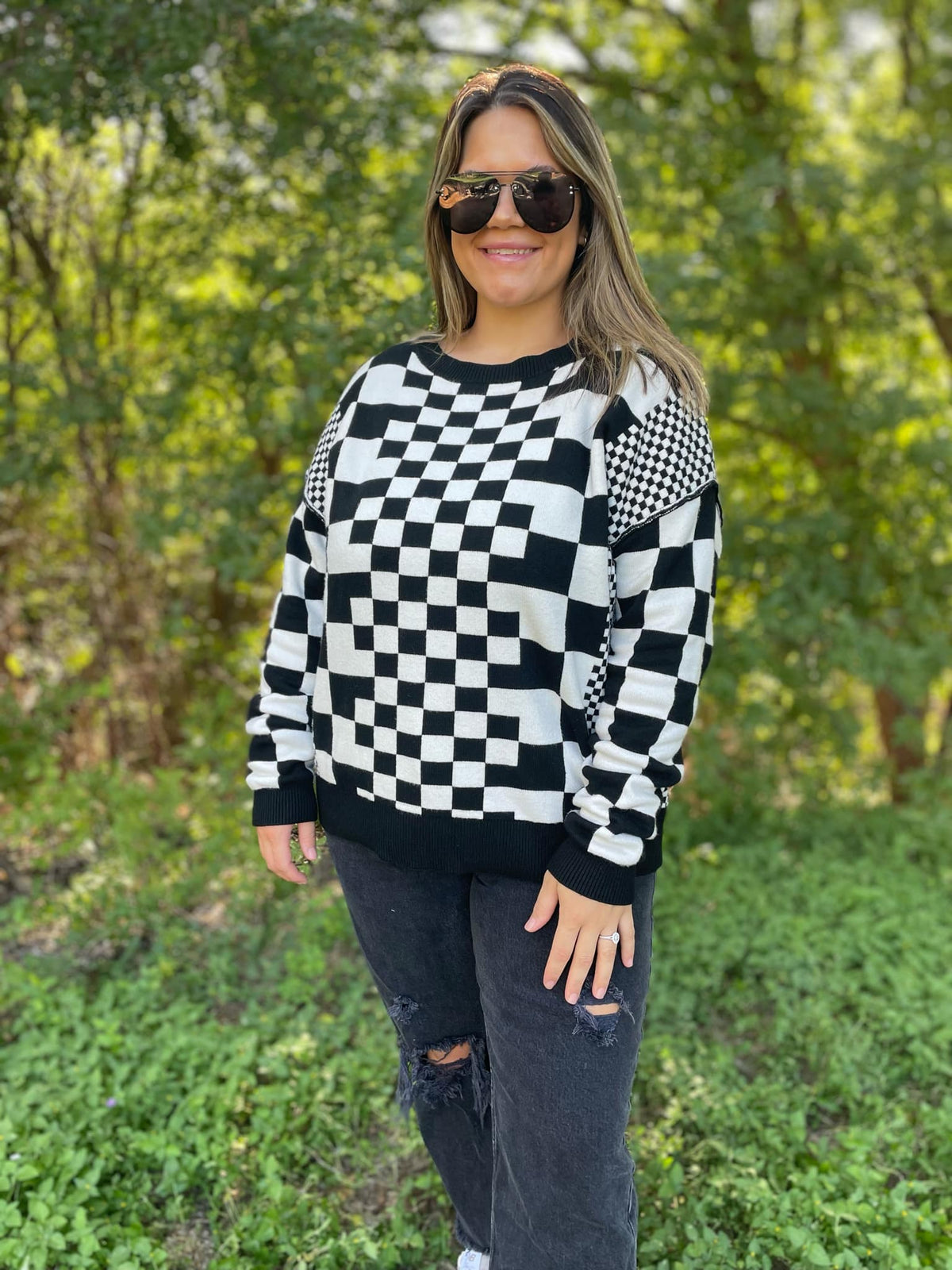 All Checkered Out Sweater in Four Colors-Womens-Stay Foxy Boutique, Florissant, Missouri