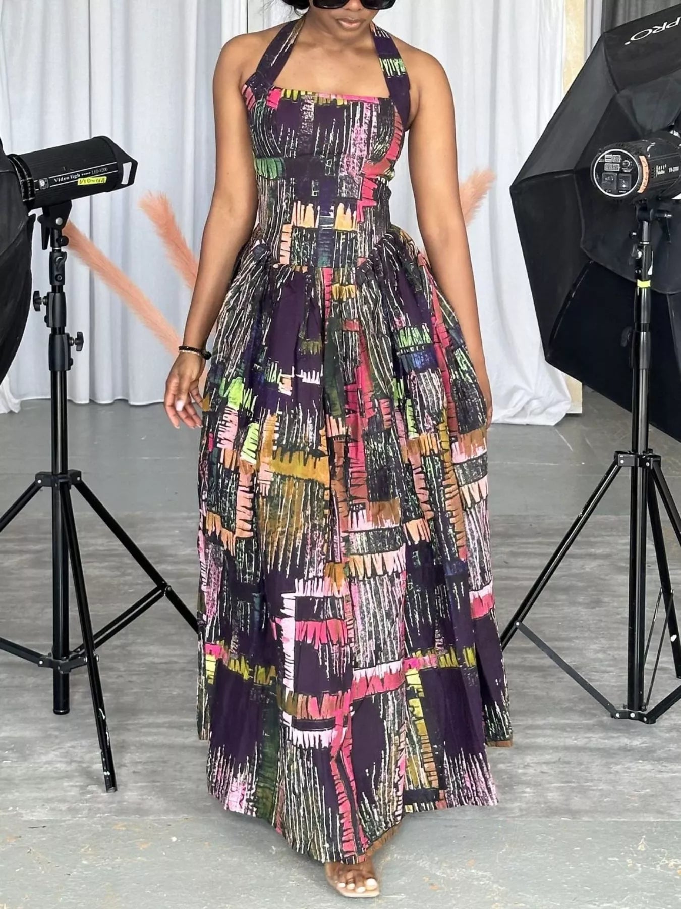 Full Size Abstract Print Halter Neck Maxi Dress Plus Size-Stay Foxy Boutique, Florissant, Missouri
