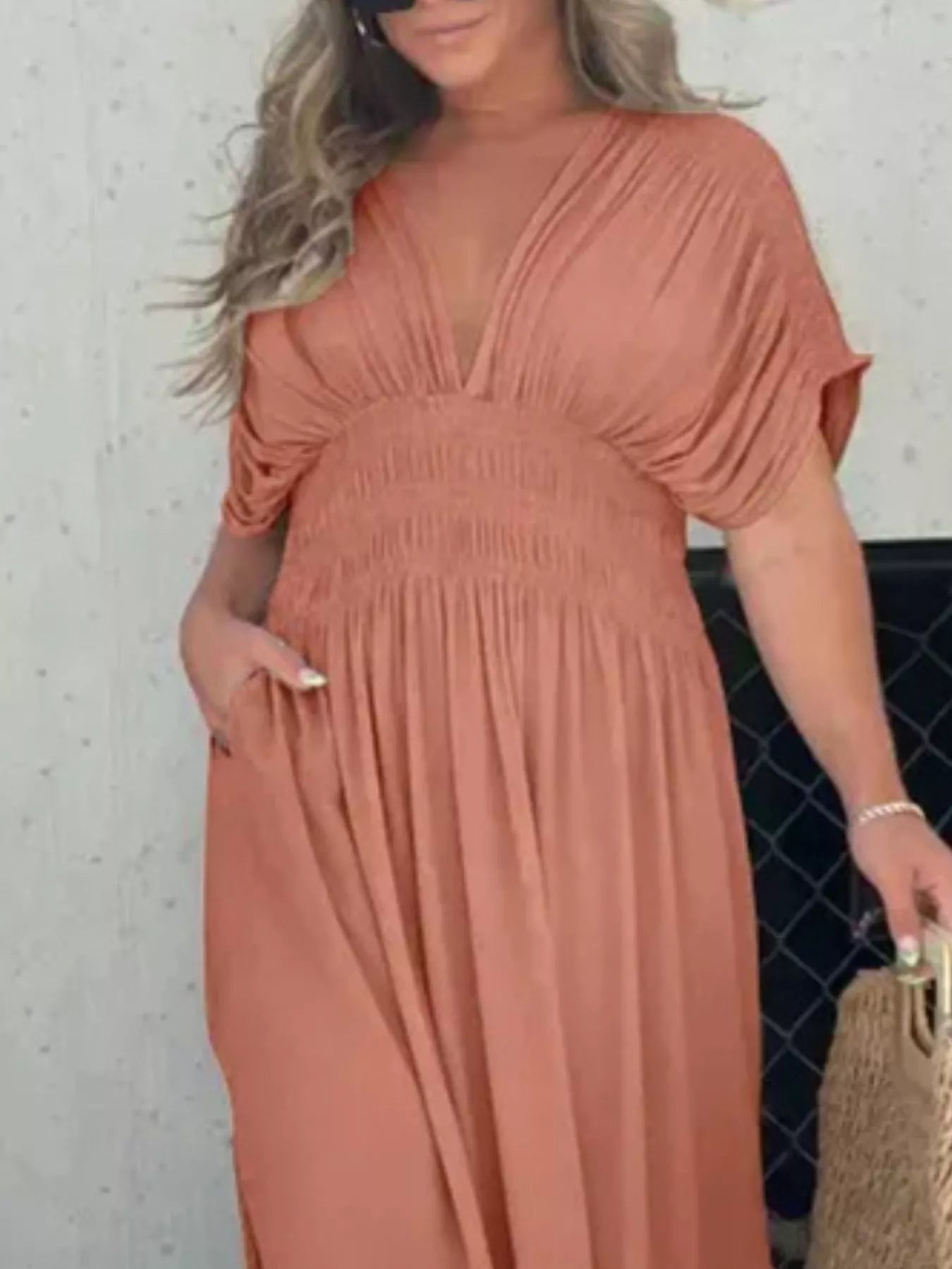 Full Size Slit V-Neck Smocked Waist Maxi Dress Plus Size-Stay Foxy Boutique, Florissant, Missouri