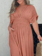 Full Size Slit V-Neck Smocked Waist Maxi Dress Plus Size-Stay Foxy Boutique, Florissant, Missouri