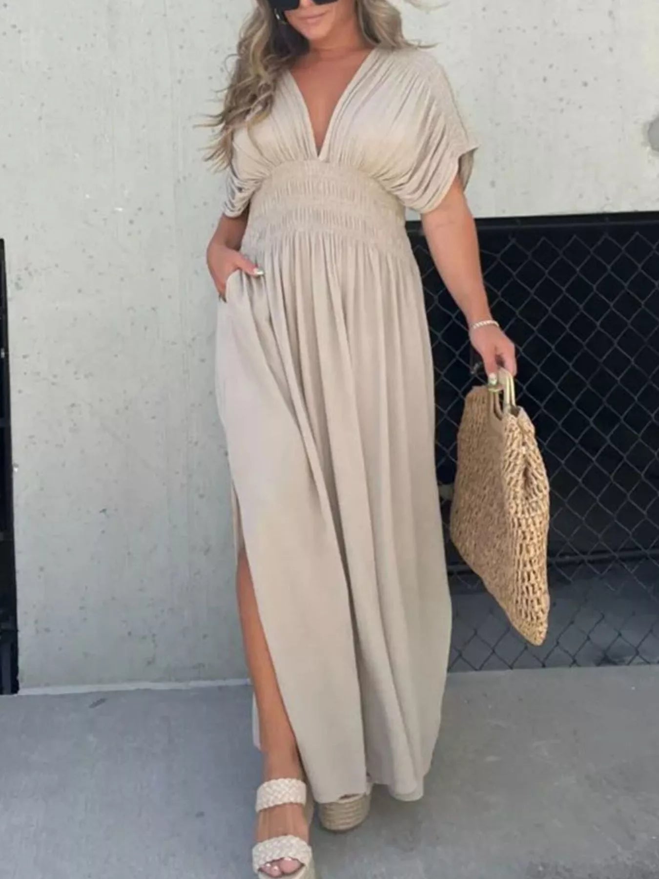 Full Size Slit V-Neck Smocked Waist Maxi Dress Plus Size-Stay Foxy Boutique, Florissant, Missouri