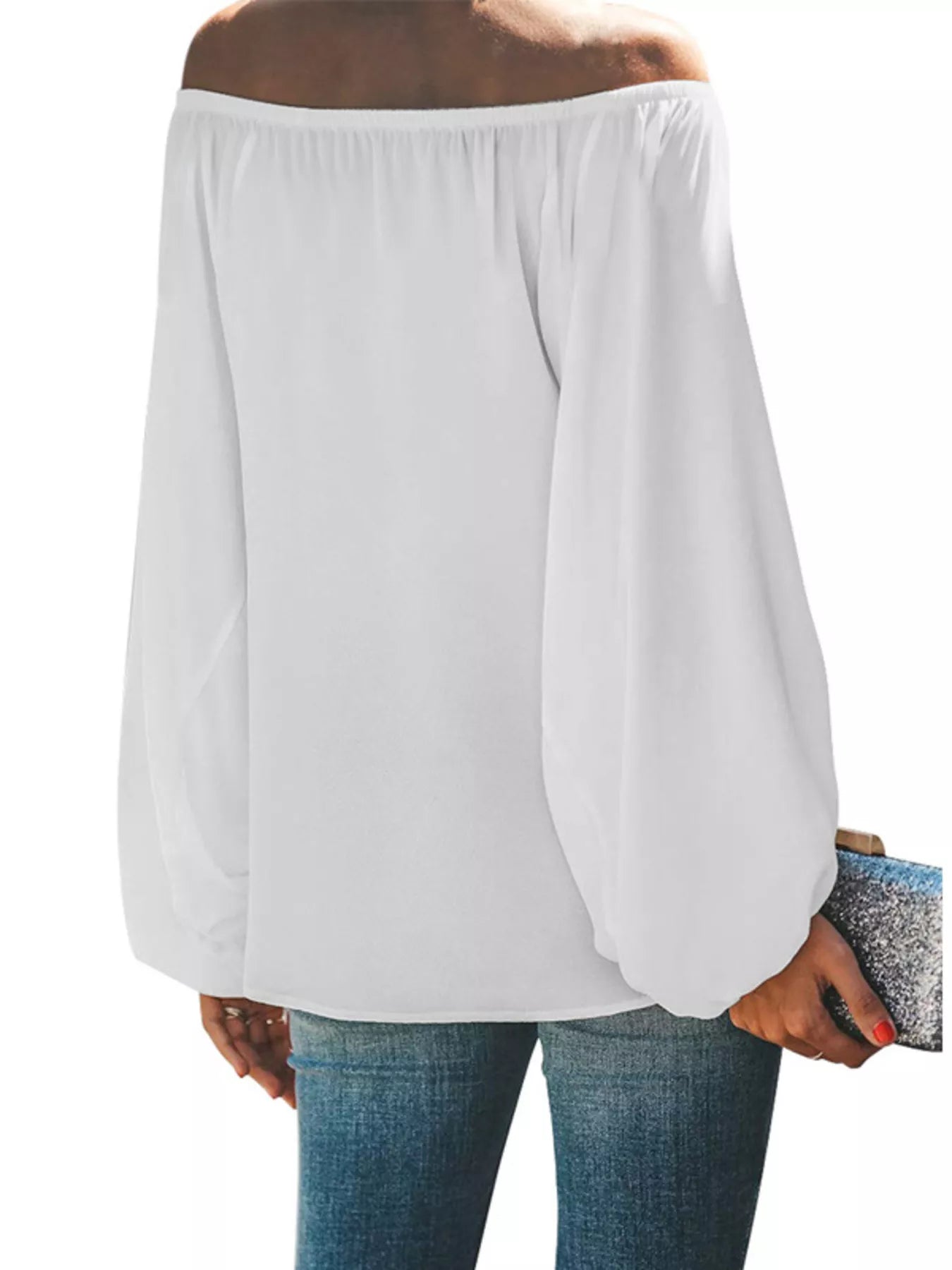 Full Size Off-Shoulder Balloon Sleeve Blouse Plus Size-Stay Foxy Boutique, Florissant, Missouri