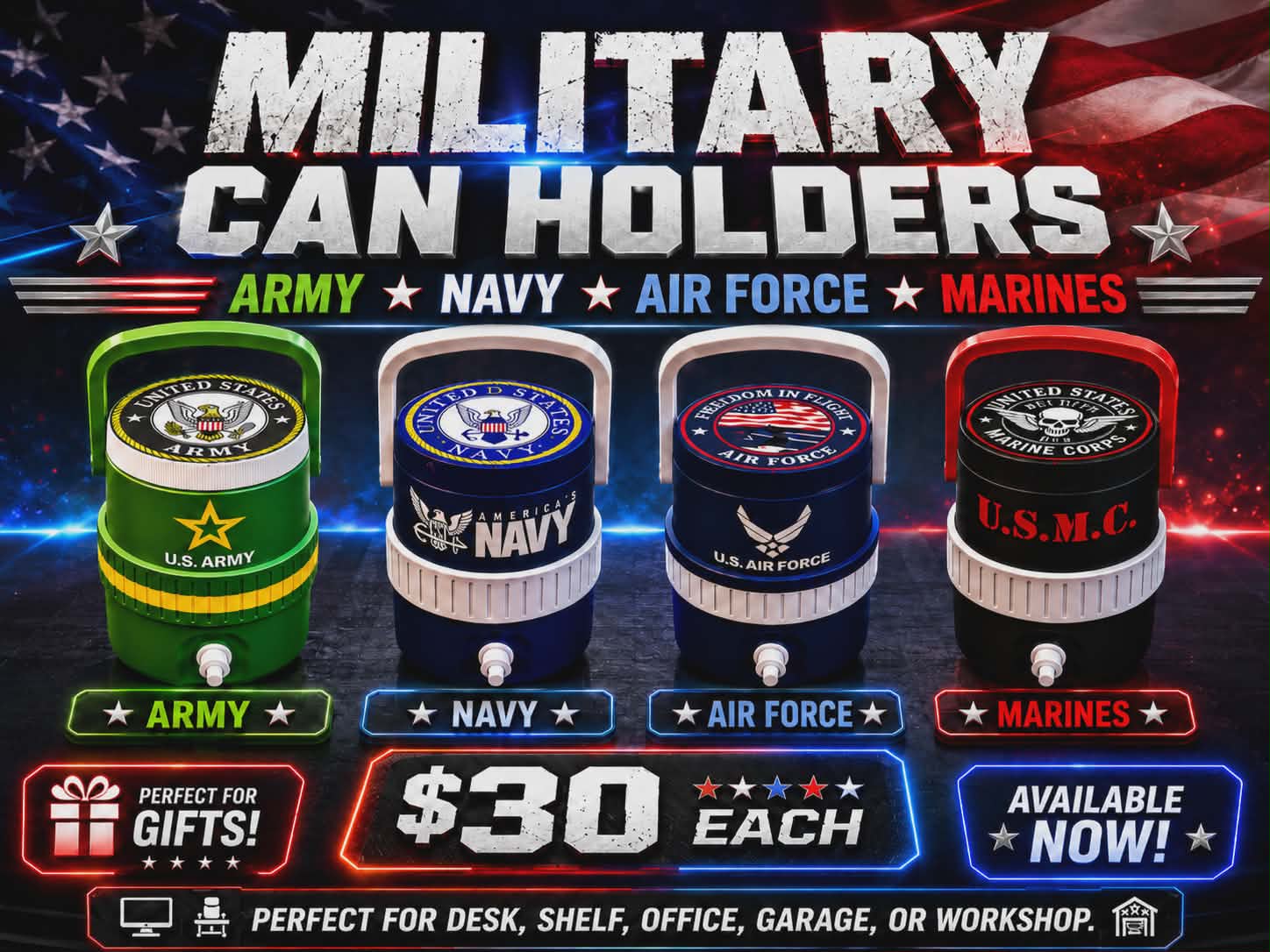 MILITARY BRANCH-3D PRINTED CUSTOM 12 OUNCE CAN HOLDERS-Stay Foxy Boutique, Florissant, Missouri