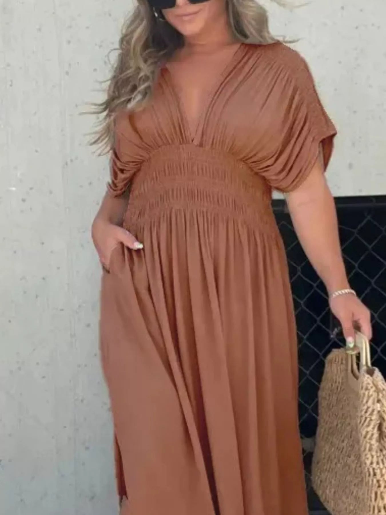 Full Size Slit V-Neck Smocked Waist Maxi Dress Plus Size-Stay Foxy Boutique, Florissant, Missouri