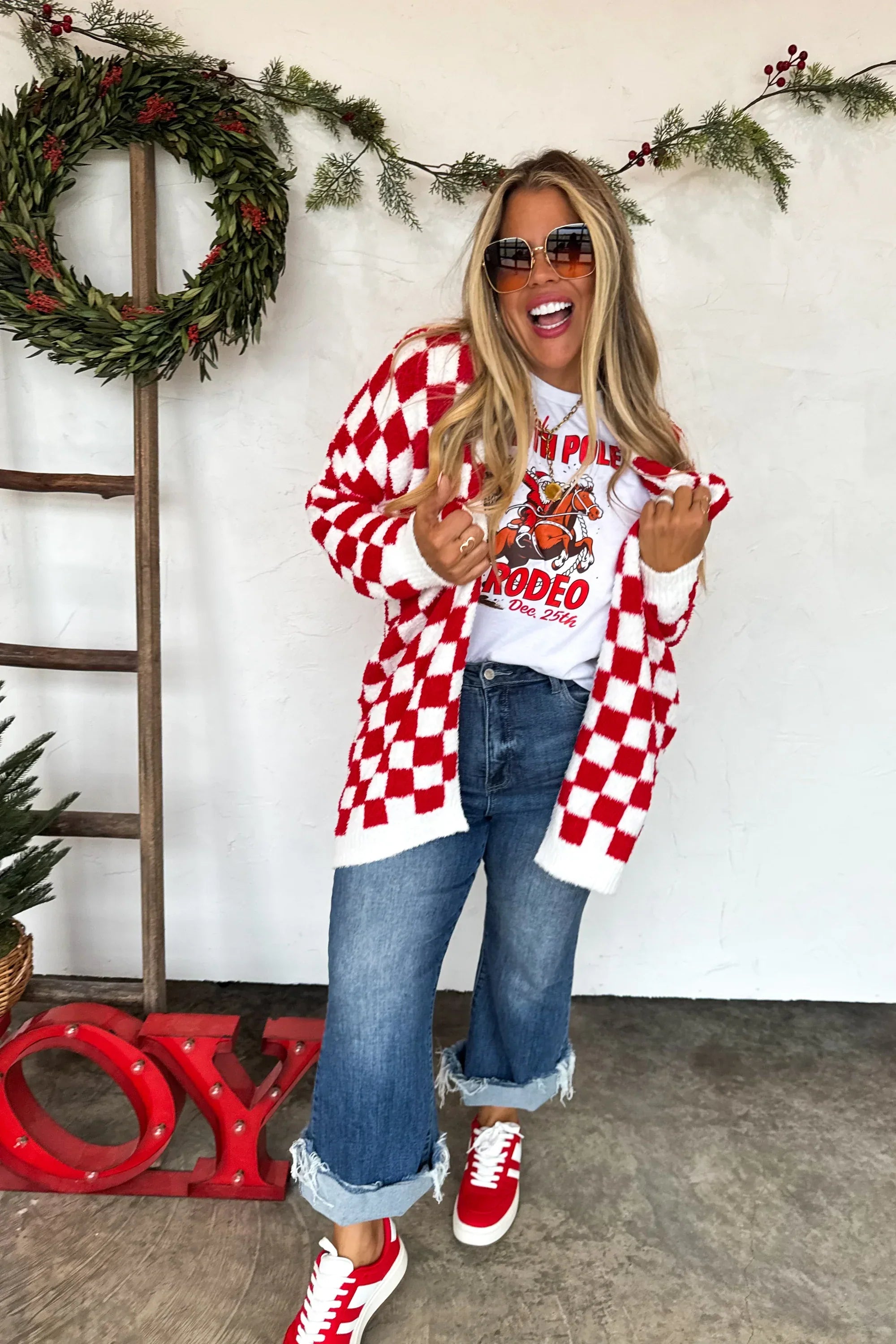 PREORDER: Christmas Cloud Cardigan Red Checker-Womens-Stay Foxy Boutique, Florissant, Missouri