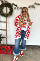 PREORDER: Christmas Cloud Cardigan Red Checker-Womens-Stay Foxy Boutique, Florissant, Missouri