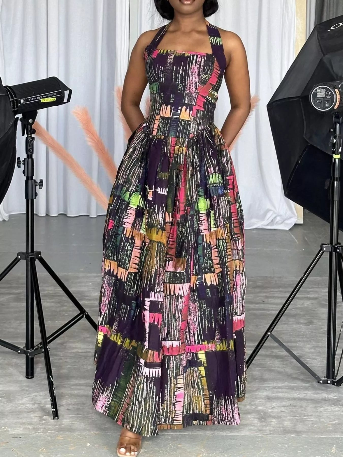 Full Size Abstract Print Halter Neck Maxi Dress Plus Size-Stay Foxy Boutique, Florissant, Missouri