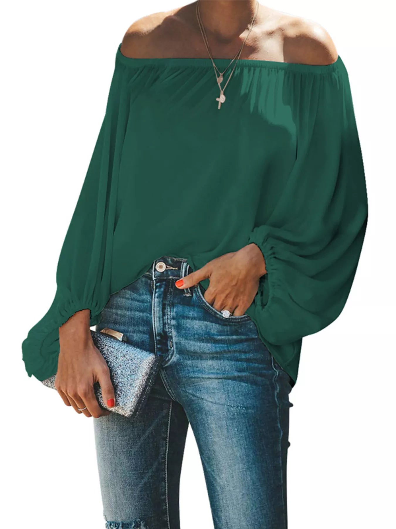 Full Size Off-Shoulder Balloon Sleeve Blouse Plus Size-Stay Foxy Boutique, Florissant, Missouri