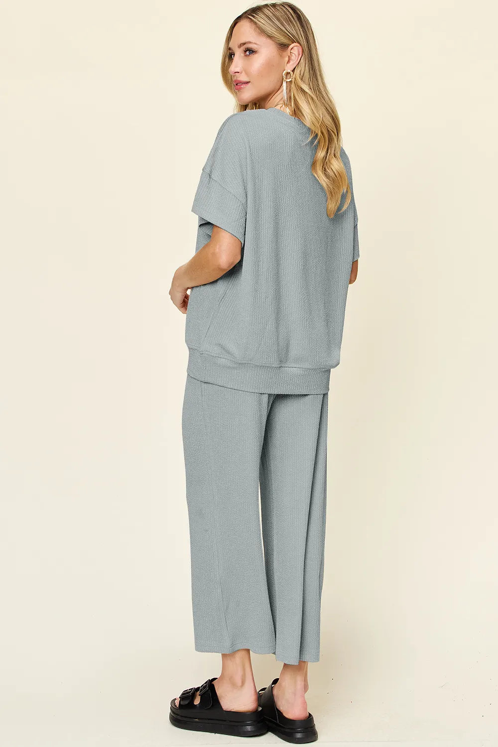 Double Take Full Size Texture Round Neck Short Sleeve T-Shirt and Wide Leg Pants-Stay Foxy Boutique, Florissant, Missouri