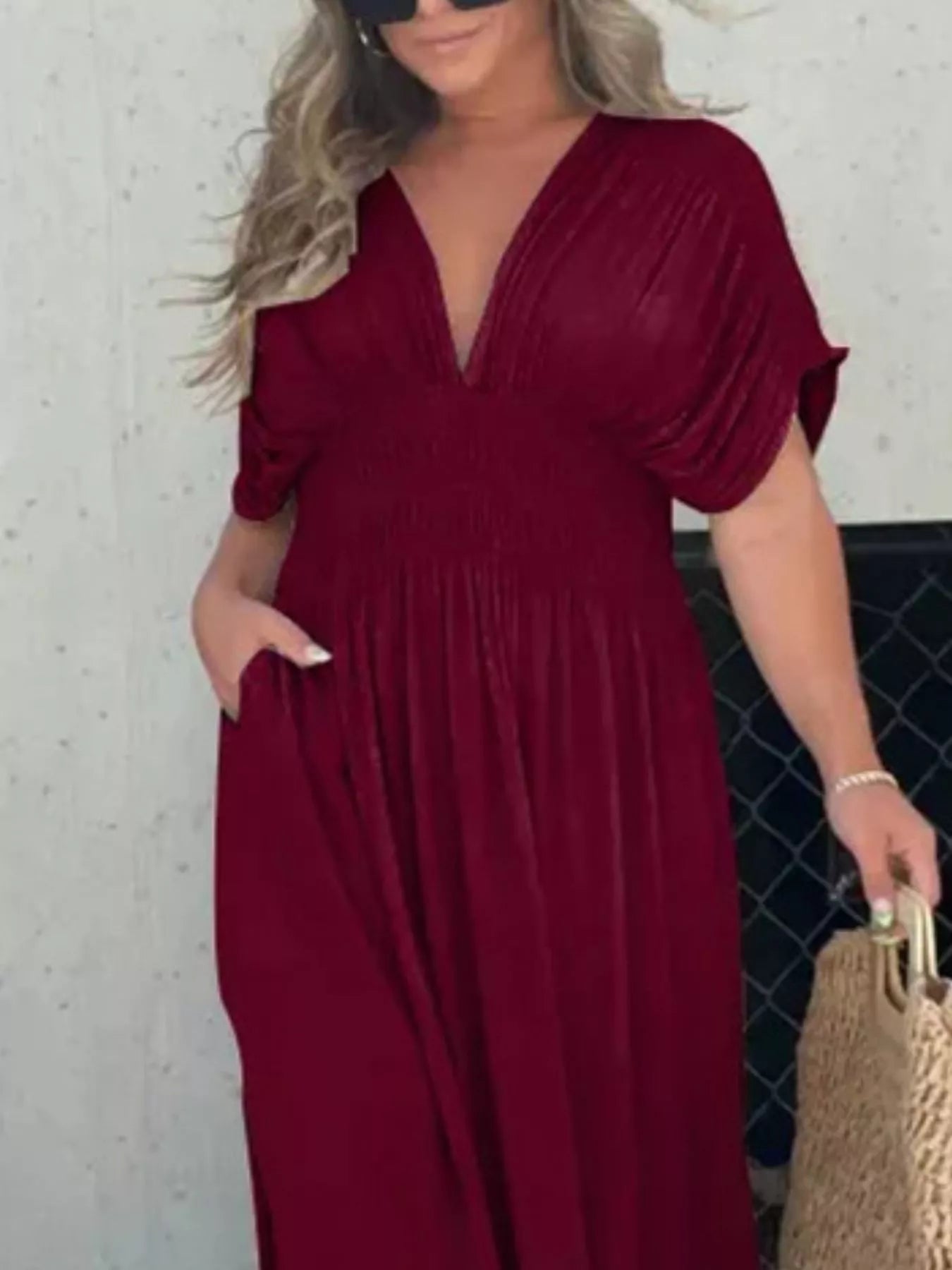 Full Size Slit V-Neck Smocked Waist Maxi Dress Plus Size-Stay Foxy Boutique, Florissant, Missouri
