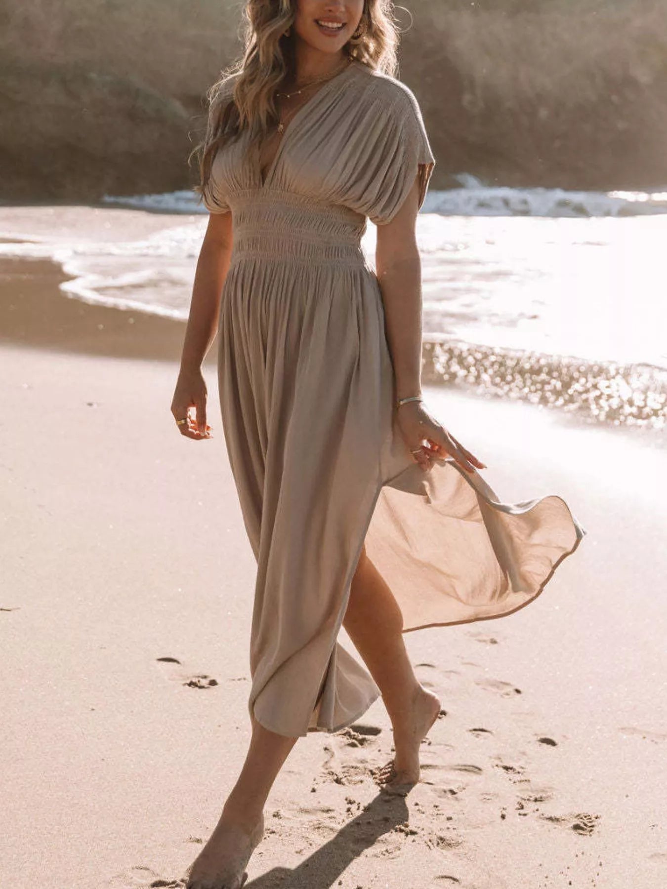 Full Size Slit V-Neck Smocked Waist Maxi Dress Plus Size-Stay Foxy Boutique, Florissant, Missouri