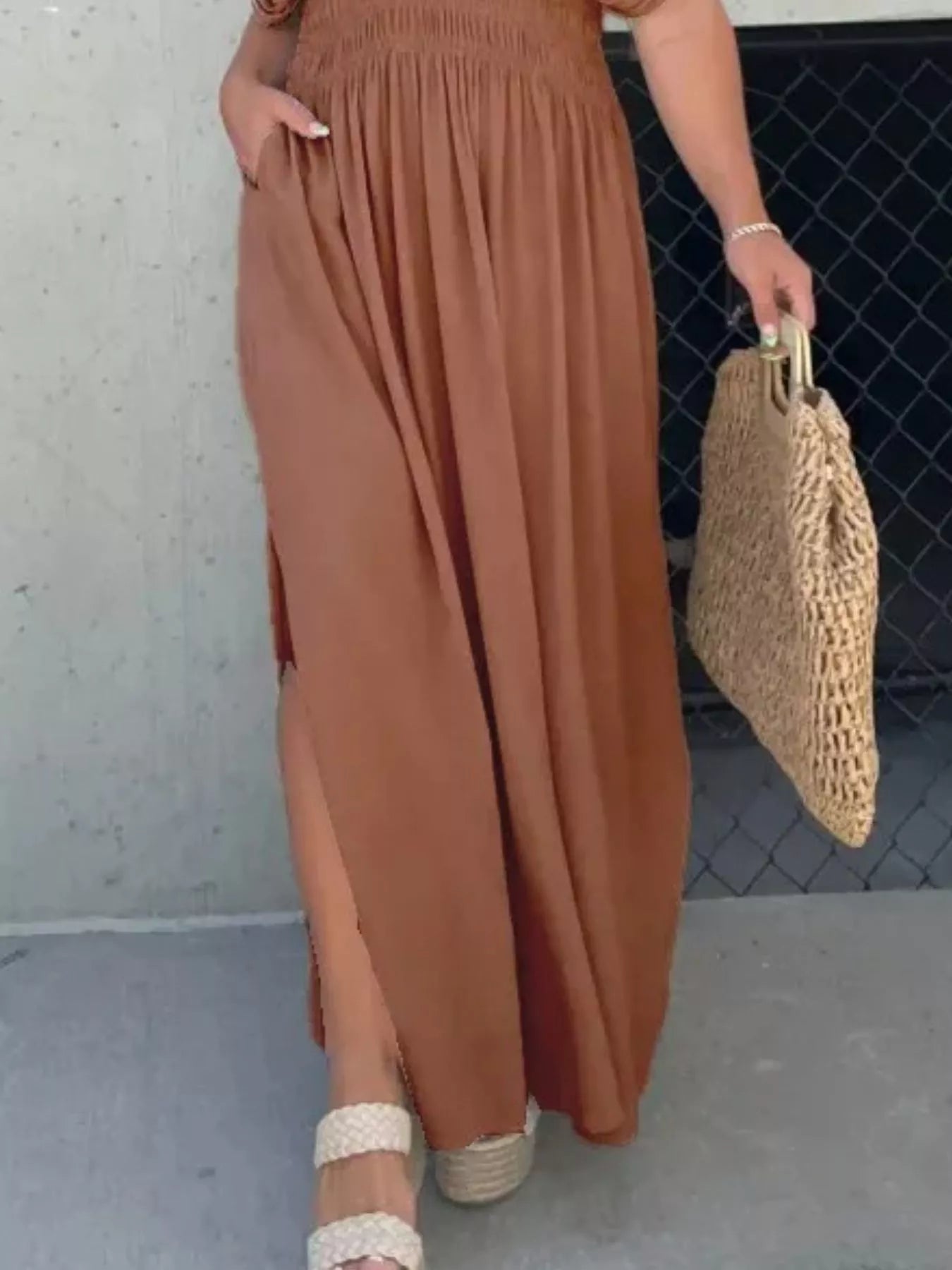 Full Size Slit V-Neck Smocked Waist Maxi Dress Plus Size-Stay Foxy Boutique, Florissant, Missouri