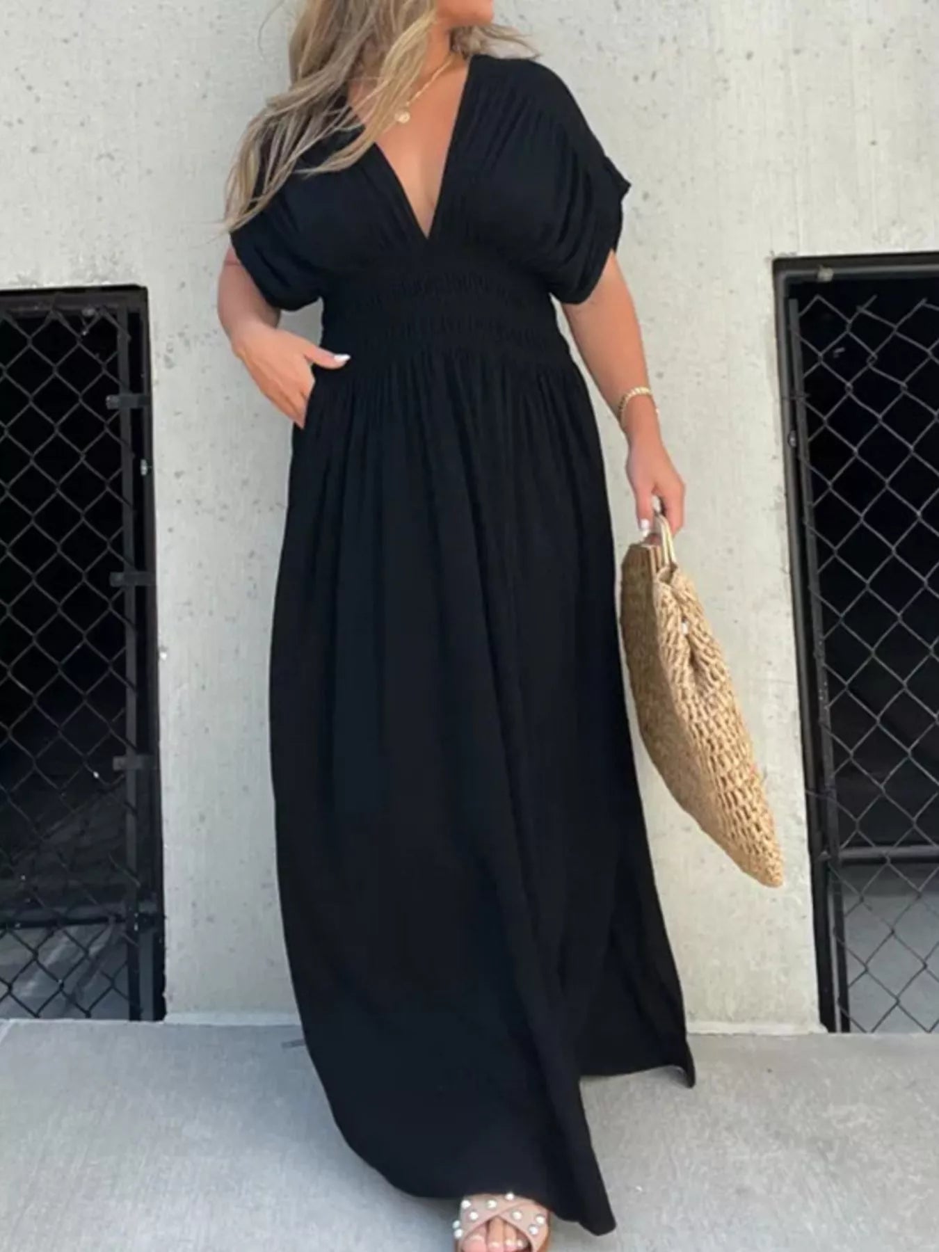 Full Size Slit V-Neck Smocked Waist Maxi Dress Plus Size-Stay Foxy Boutique, Florissant, Missouri