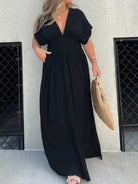 Full Size Slit V-Neck Smocked Waist Maxi Dress Plus Size-Stay Foxy Boutique, Florissant, Missouri