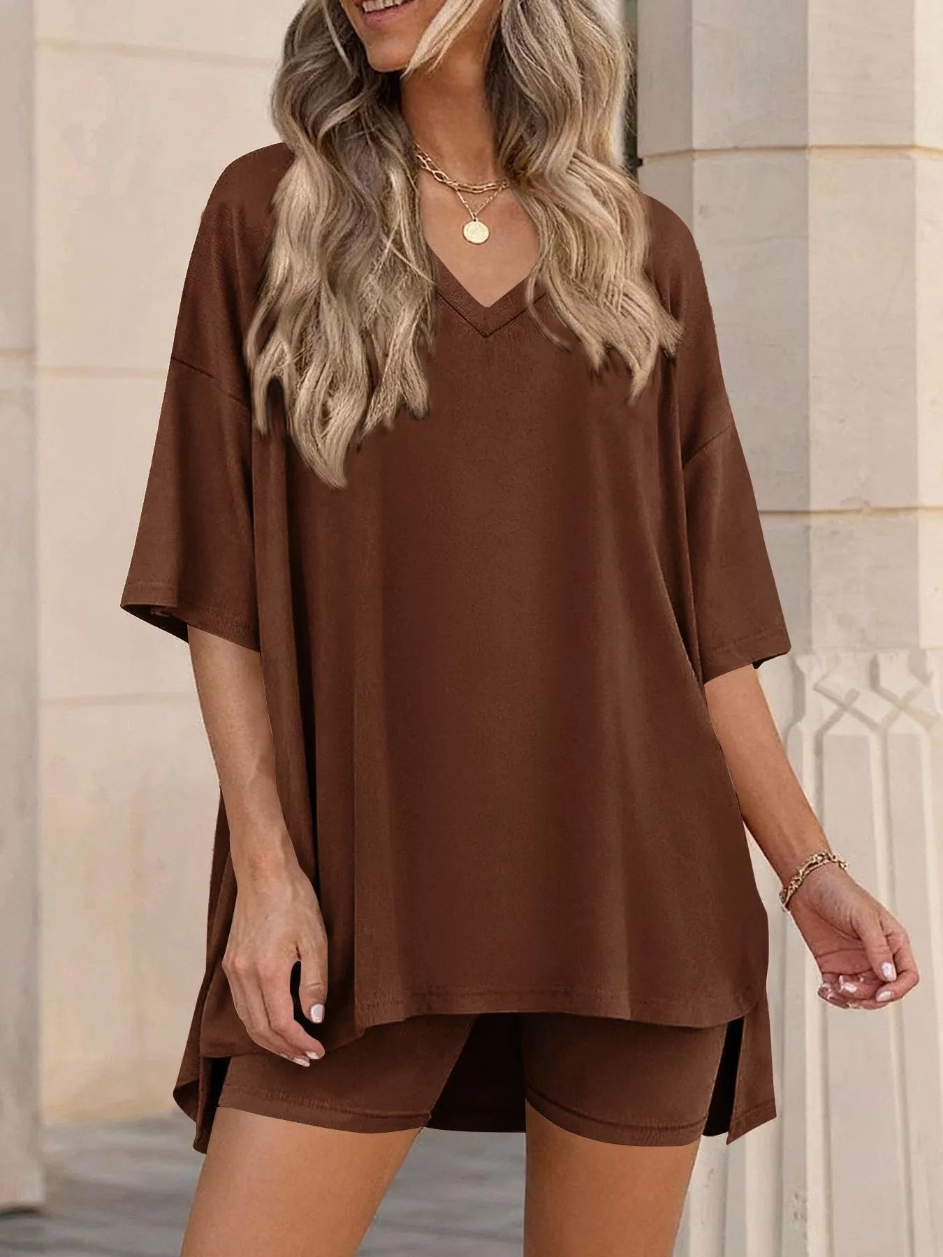 Full Size Casual Loose V-Neck T-Shirt & Shorts Set Plus Size-Stay Foxy Boutique, Florissant, Missouri