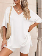 Full Size Casual Loose V-Neck T-Shirt & Shorts Set Plus Size-Stay Foxy Boutique, Florissant, Missouri