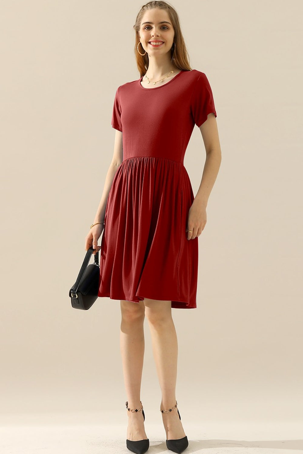 Ninexis Full Size Round Neck Ruched Dress with Pockets-Stay Foxy Boutique, Florissant, Missouri