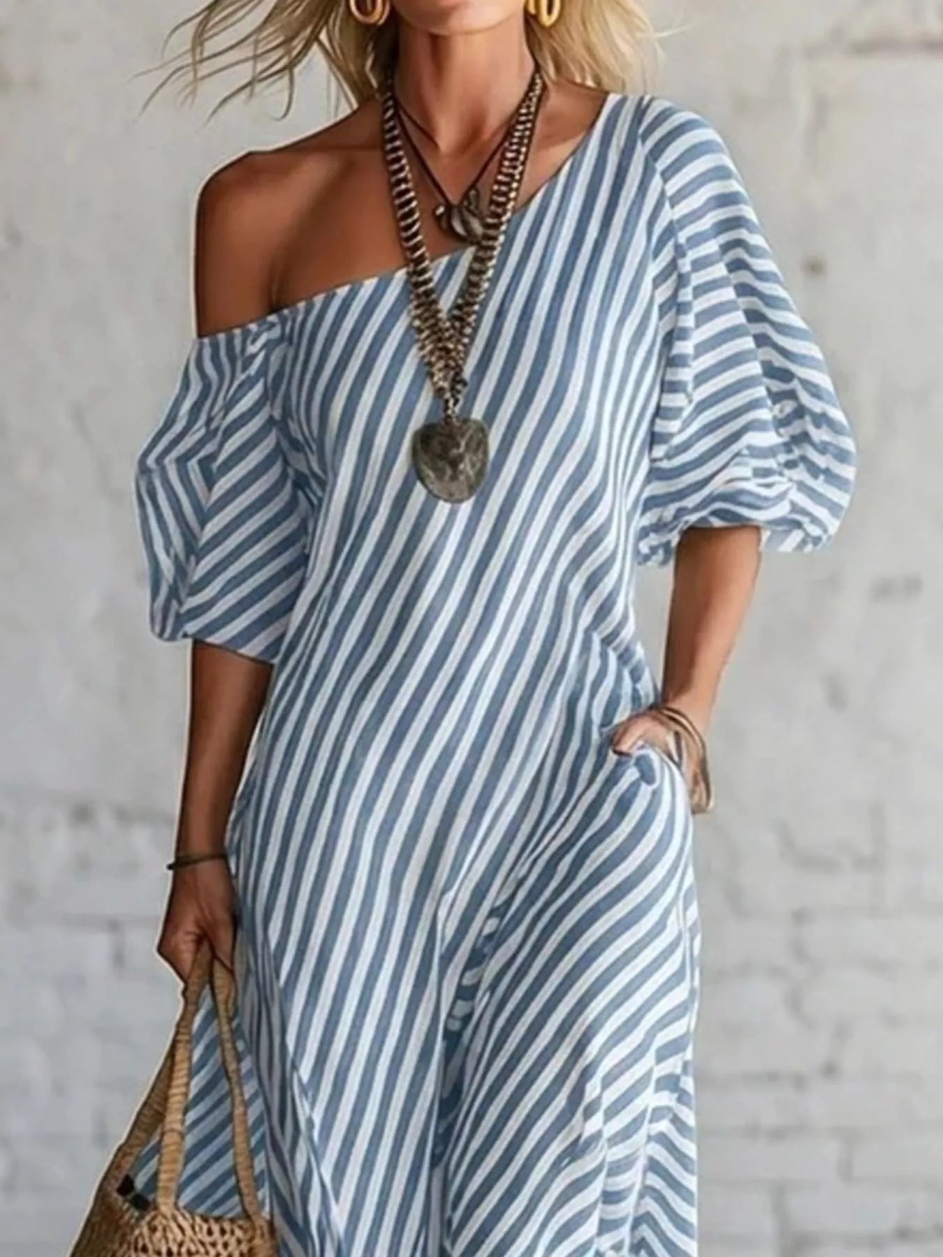 Full Size Striped One-Shoulder Casual Maxi Dress Plus Size-Stay Foxy Boutique, Florissant, Missouri