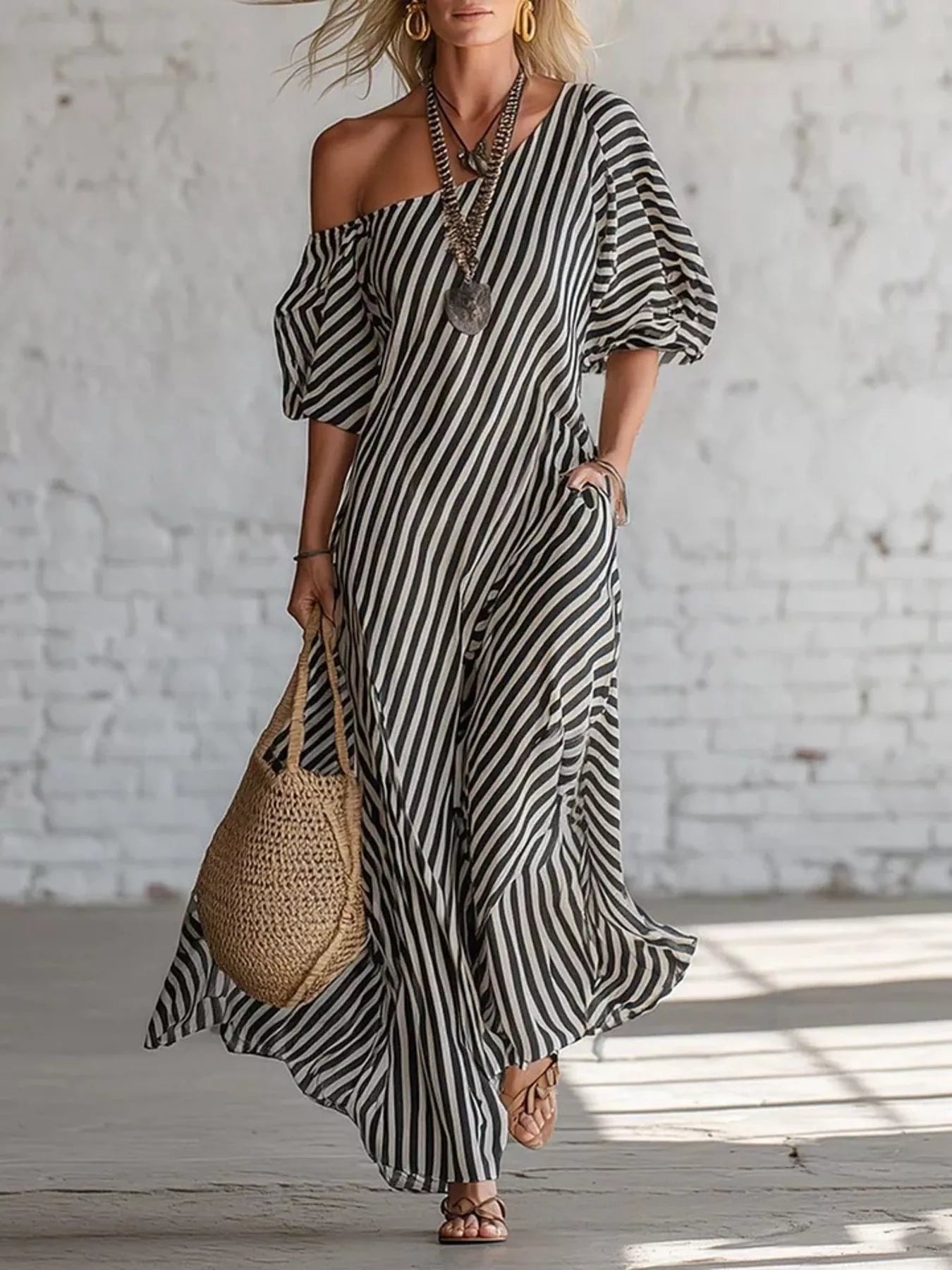 Full Size Striped One-Shoulder Casual Maxi Dress Plus Size-Stay Foxy Boutique, Florissant, Missouri